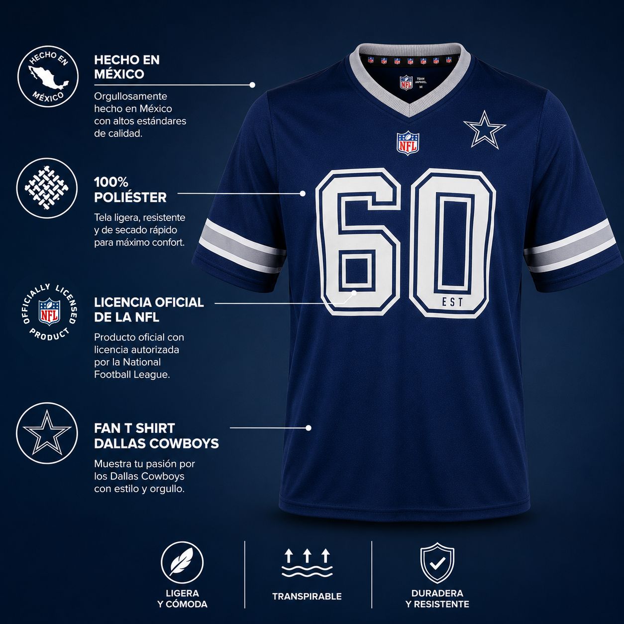 NFL Playera Oficial Dallas Cowboys Azul Marino de Hombre