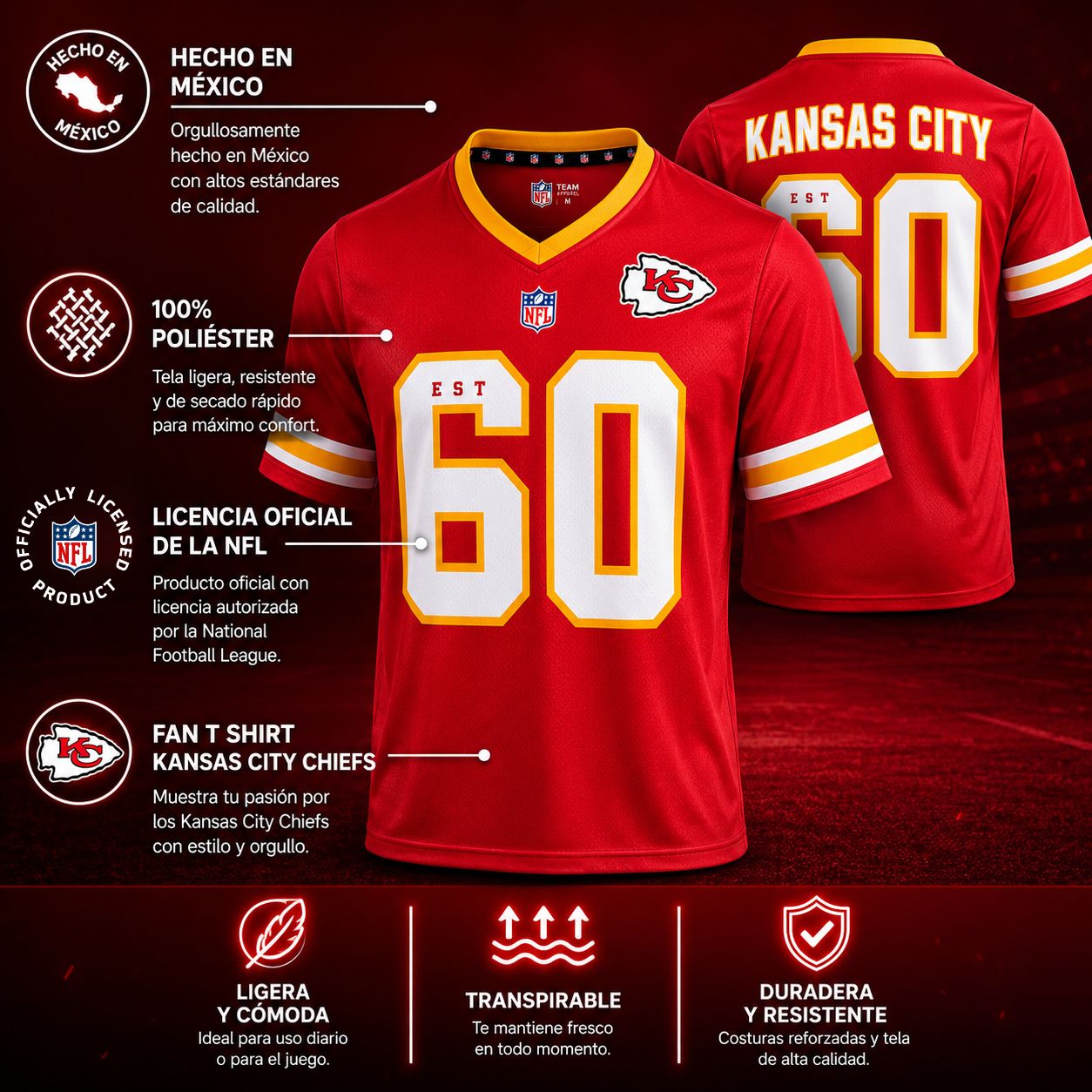 NFL Playera Oficial Kansas City Chiefs Rojo de Hombre