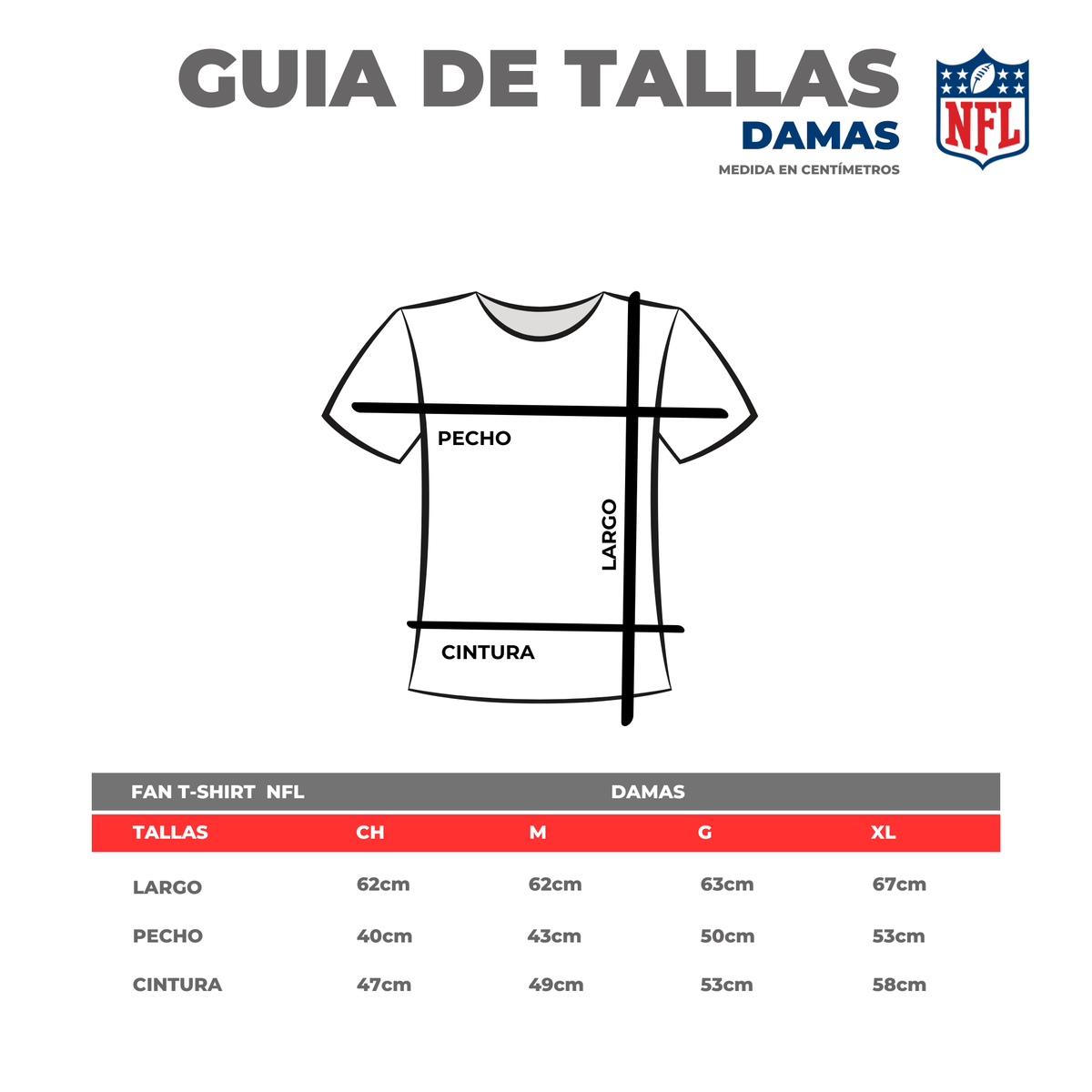 Guía de tallas Playera Oficial Dallas Cowboys para Mujer azul marino